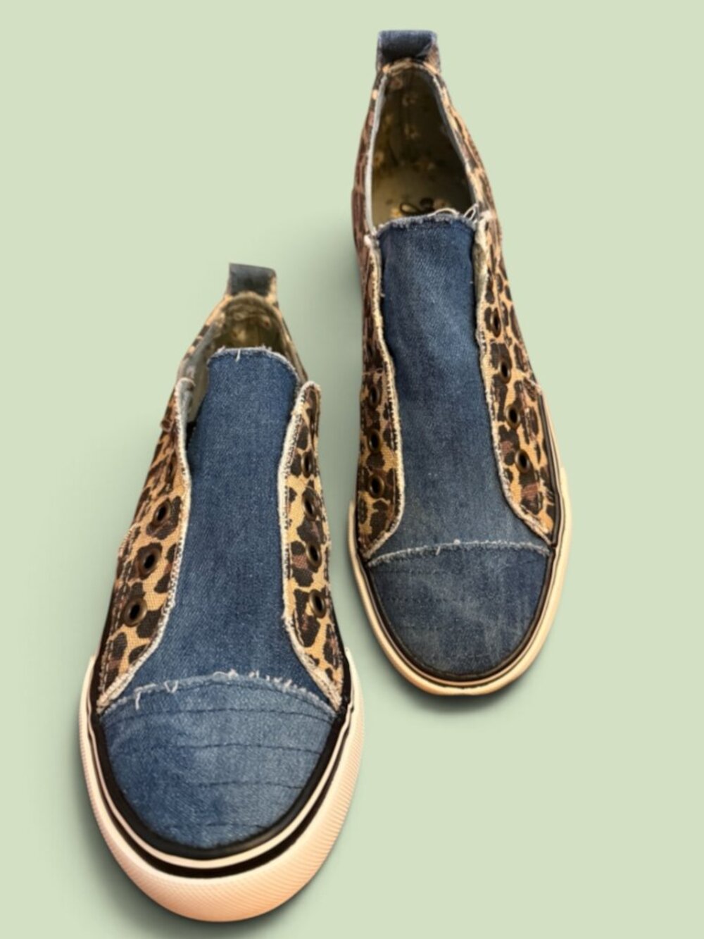 Gypsy Jazz Black & Brown Leopard and Denim Slip on Sneakers Sz 8.5